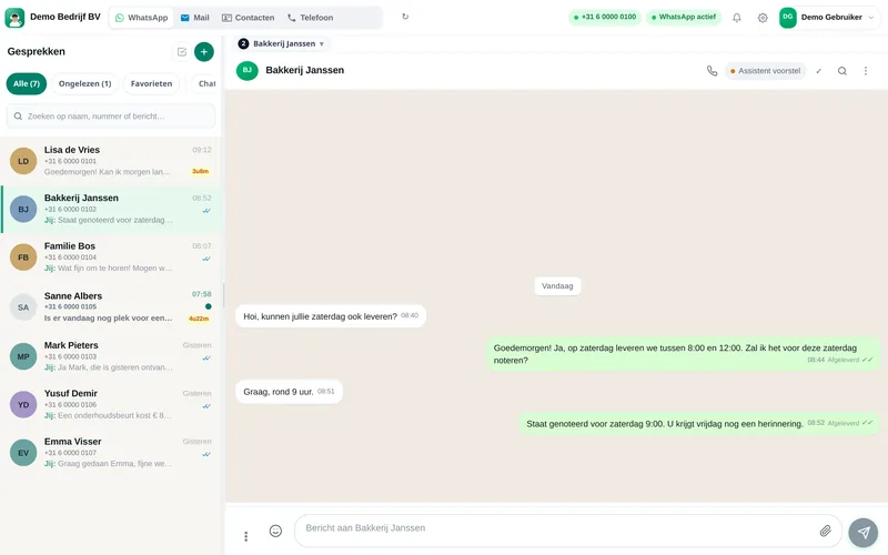 WhatsApp-gesprek in de team-inbox met bevestigde afspraak (voorbeeldgesprek)
