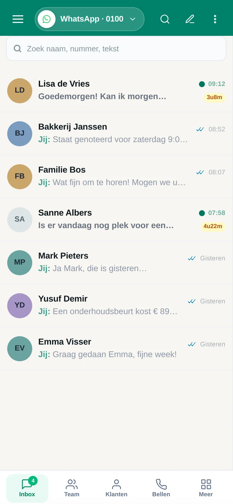 Lijst met gesprekken in de Slimbot-inbox op een telefoon (voorbeeldgegevens)